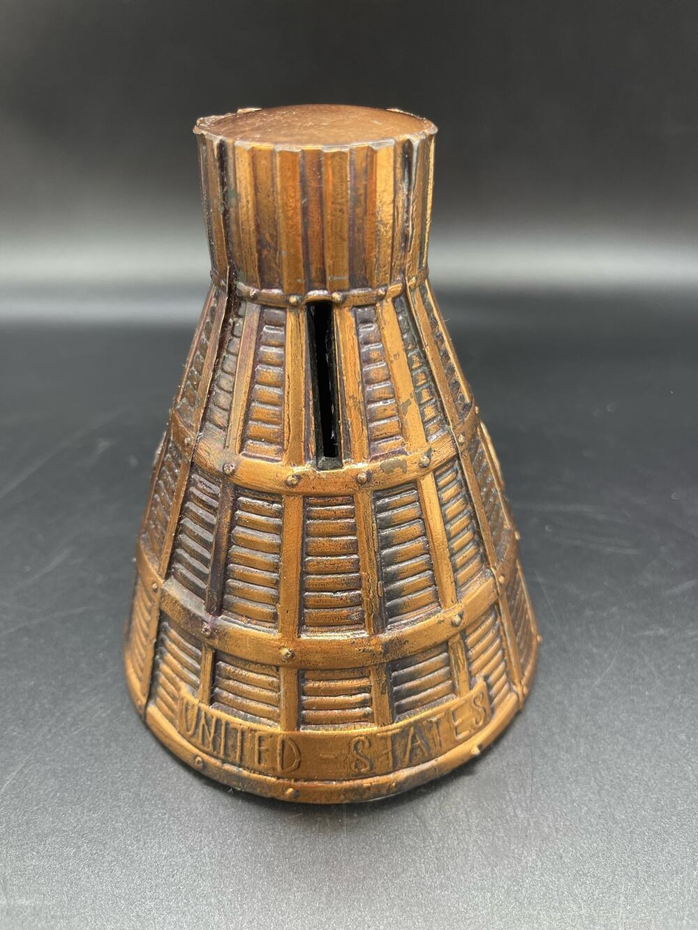 Vintage 60's Copper Metal United States Space Capsule Coin Bank Missing Stopper